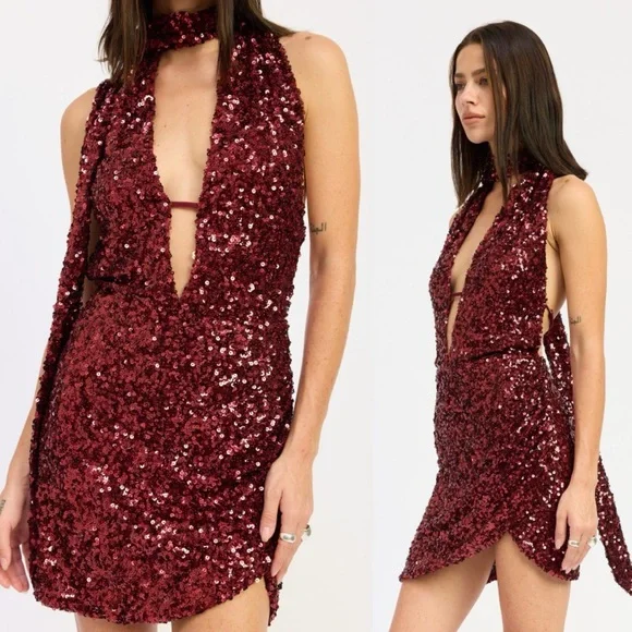Cherry Bomb Halter Scarf Sequin Mini Dress - Picture 3 of 7